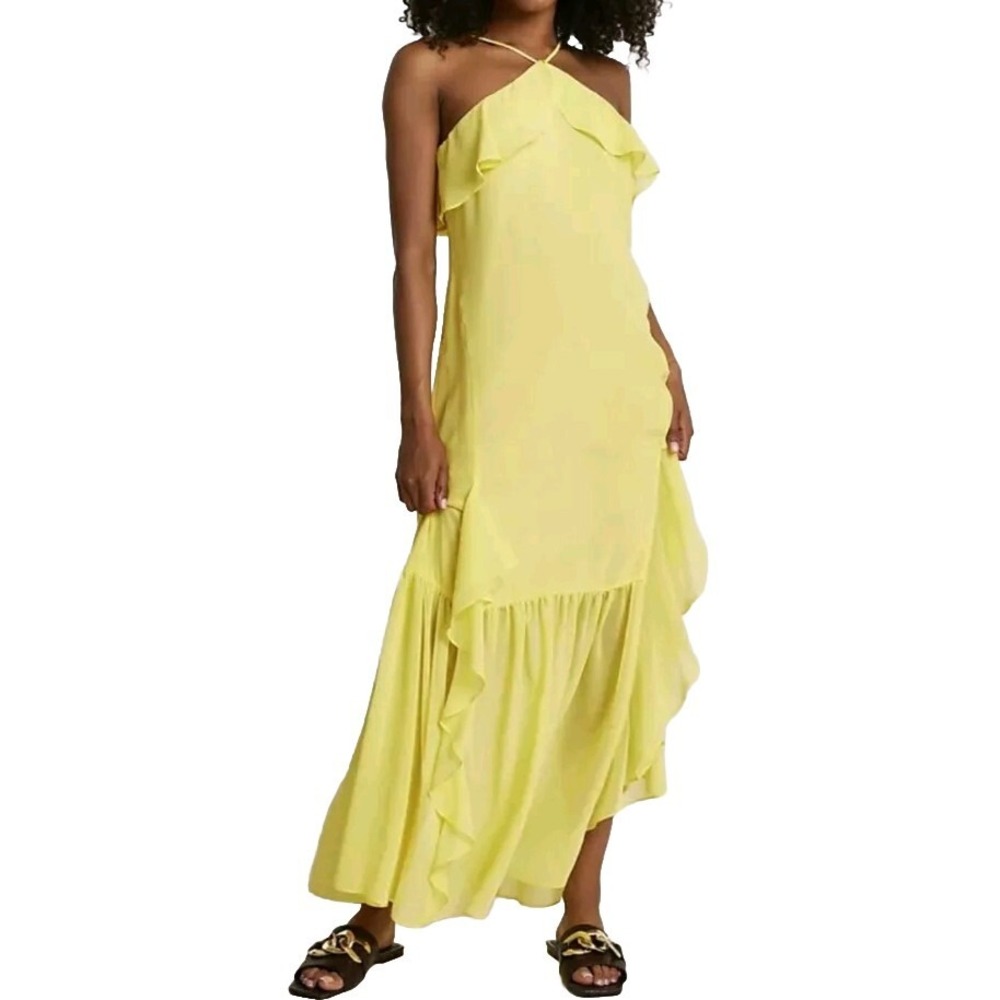 River Island Womens Halter Maxi‎ Dress US 16 XL Yellow Beach Tropical Resortwear